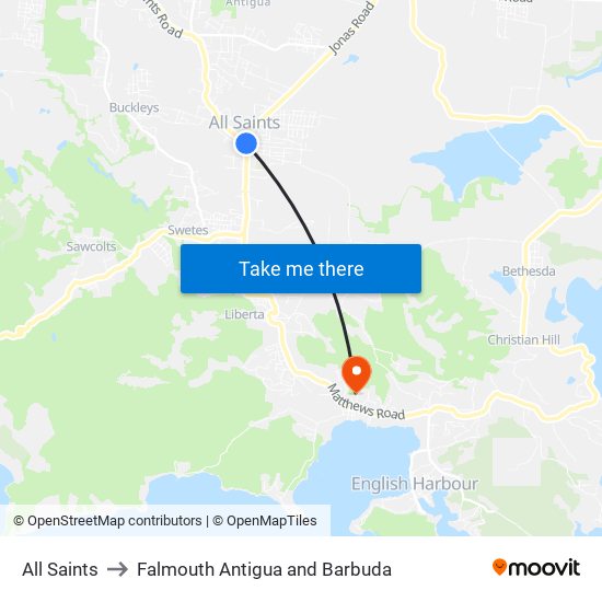 All Saints to Falmouth Antigua and Barbuda map