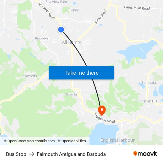 Bus Stop to Falmouth Antigua and Barbuda map