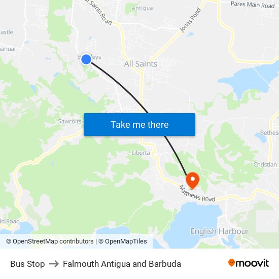 Bus Stop to Falmouth Antigua and Barbuda map