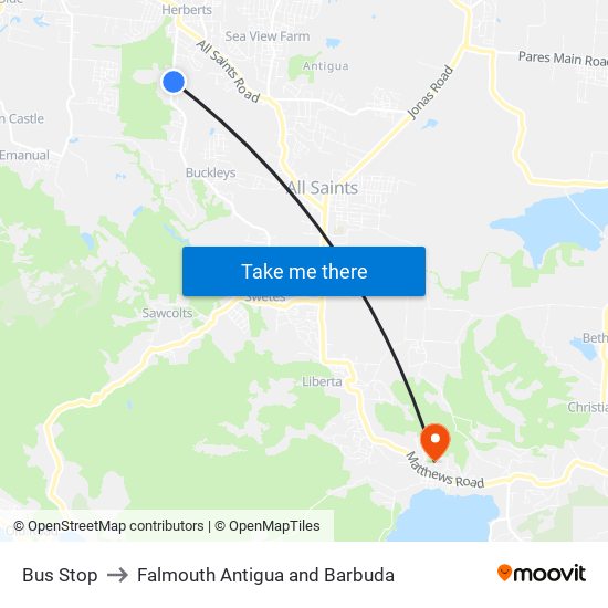 Bus Stop to Falmouth Antigua and Barbuda map