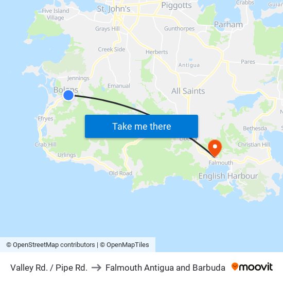 Valley Rd. / Pipe Rd. to Falmouth Antigua and Barbuda map