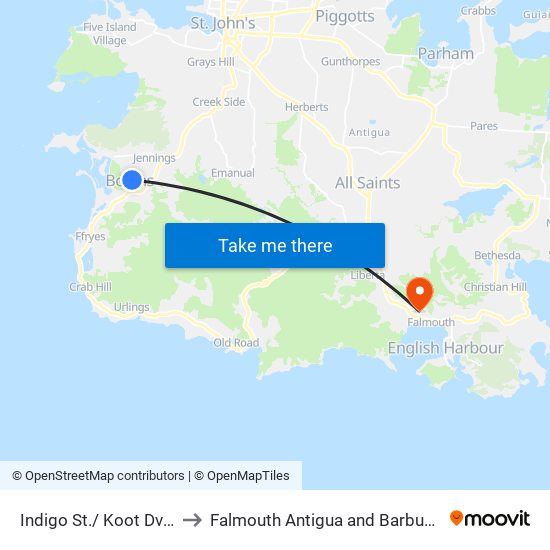 Indigo St./ Koot Dve. to Falmouth Antigua and Barbuda map