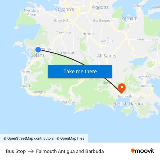 Bus Stop to Falmouth Antigua and Barbuda map