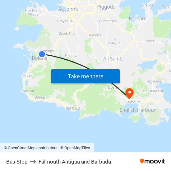 Bus Stop to Falmouth Antigua and Barbuda map