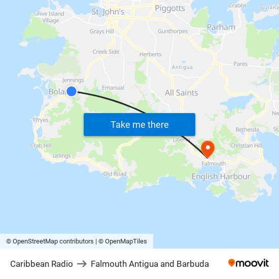 Caribbean Radio to Falmouth Antigua and Barbuda map