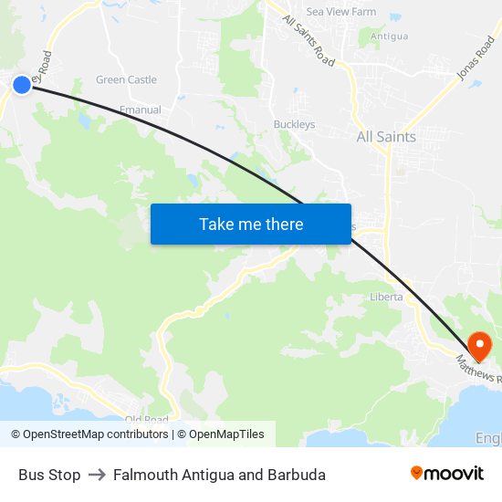 Bus Stop to Falmouth Antigua and Barbuda map