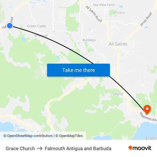 Grace Church to Falmouth Antigua and Barbuda map