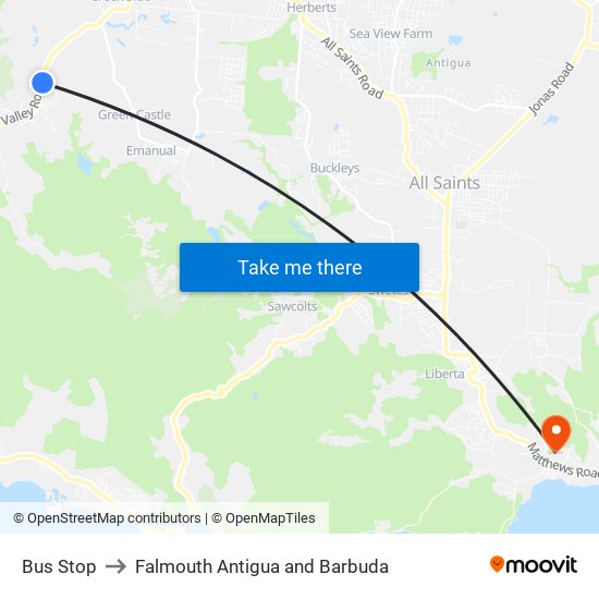 Bus Stop to Falmouth Antigua and Barbuda map