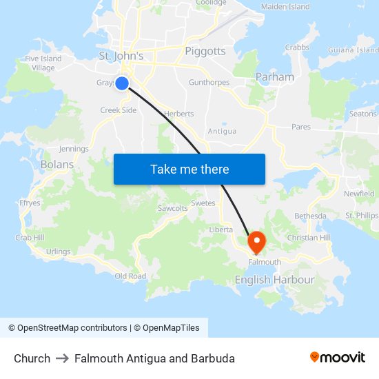 Church to Falmouth Antigua and Barbuda map