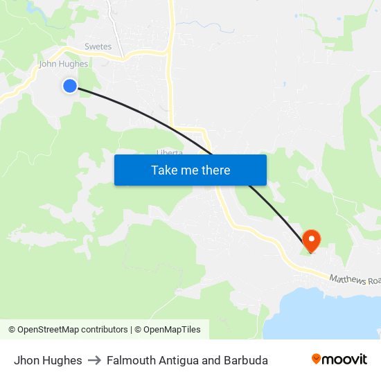 Jhon Hughes to Falmouth Antigua and Barbuda map
