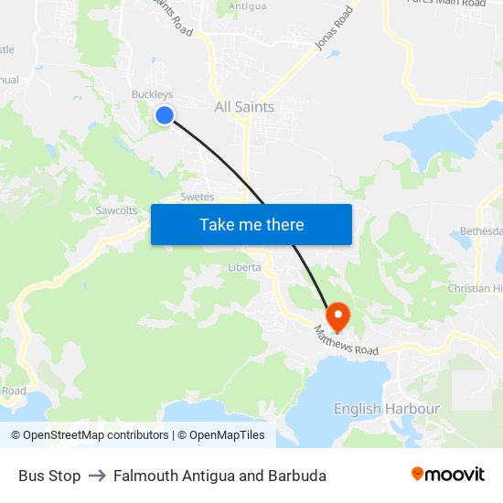 Bus Stop to Falmouth Antigua and Barbuda map