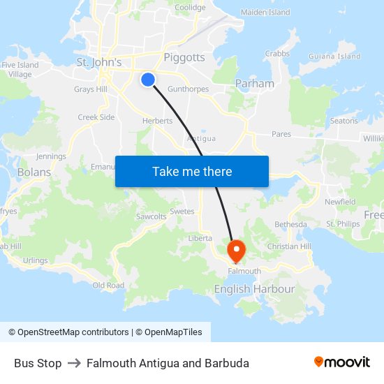 Bus Stop to Falmouth Antigua and Barbuda map