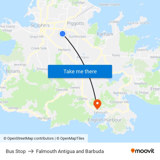 Bus Stop to Falmouth Antigua and Barbuda map