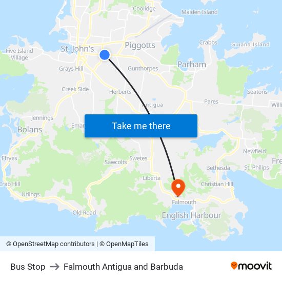 Bus Stop to Falmouth Antigua and Barbuda map