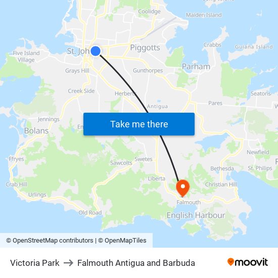 Victoria Park to Falmouth Antigua and Barbuda map