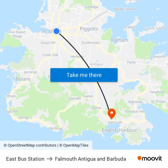 East Bus Station to Falmouth Antigua and Barbuda map