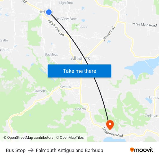 Bus Stop to Falmouth Antigua and Barbuda map