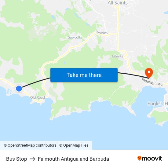 Bus Stop to Falmouth Antigua and Barbuda map