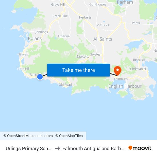 Urlings Primary School to Falmouth Antigua and Barbuda map