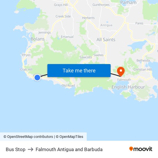 Bus Stop to Falmouth Antigua and Barbuda map