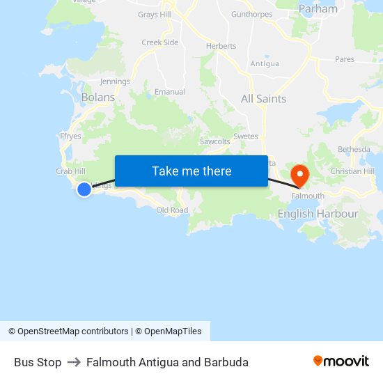 Bus Stop to Falmouth Antigua and Barbuda map