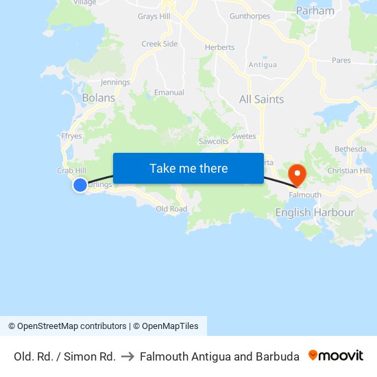 Old. Rd. / Simon Rd. to Falmouth Antigua and Barbuda map