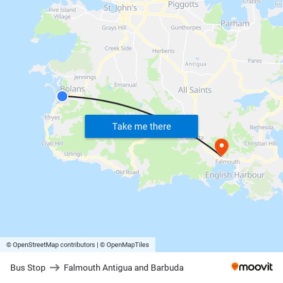 Bus Stop to Falmouth Antigua and Barbuda map