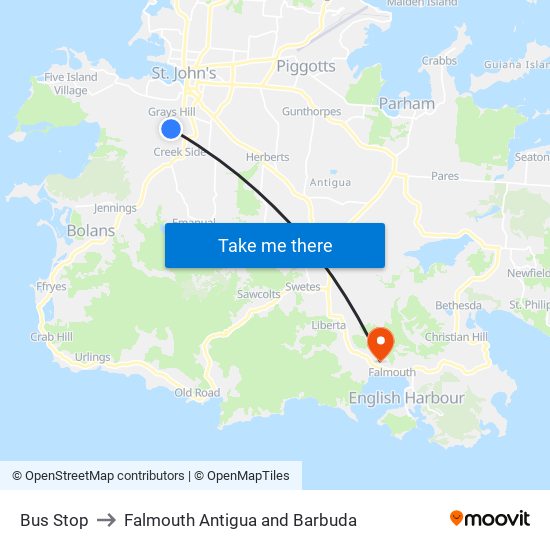 Bus Stop to Falmouth Antigua and Barbuda map