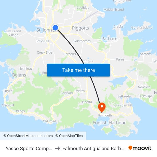 Yasco Sports Complex to Falmouth Antigua and Barbuda map