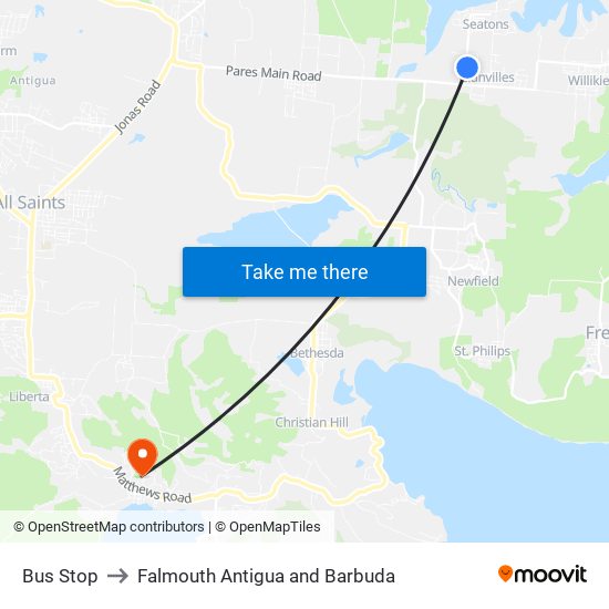 Bus Stop to Falmouth Antigua and Barbuda map