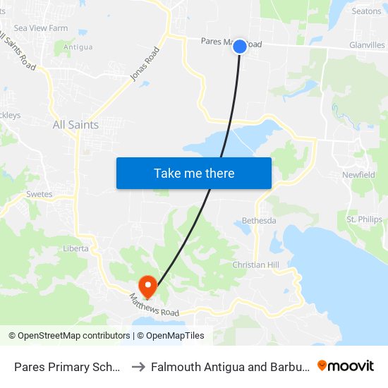 Pares Primary School to Falmouth Antigua and Barbuda map