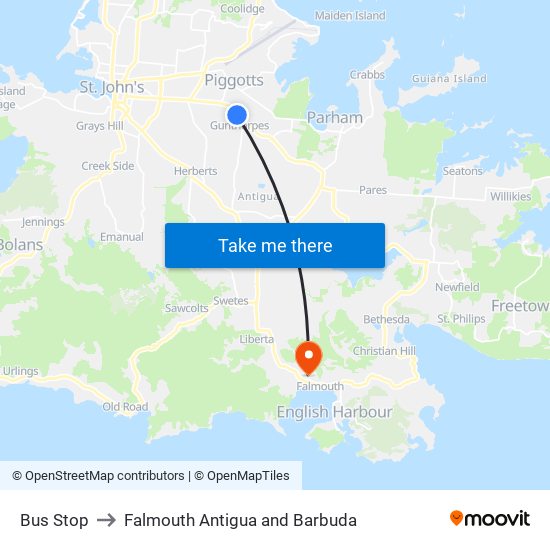 Bus Stop to Falmouth Antigua and Barbuda map