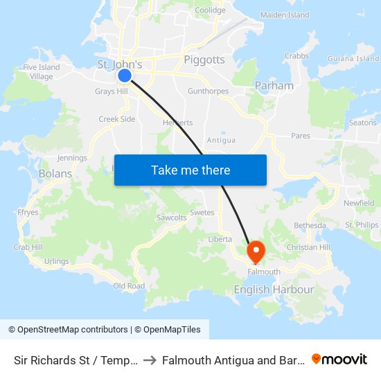 Sir Richards St / Temple St to Falmouth Antigua and Barbuda map