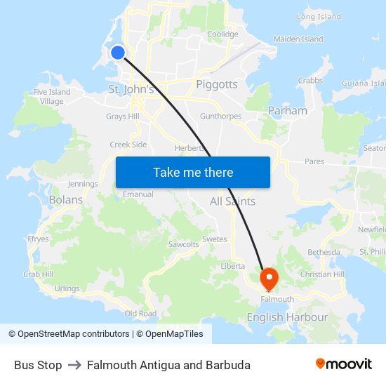 Bus Stop to Falmouth Antigua and Barbuda map