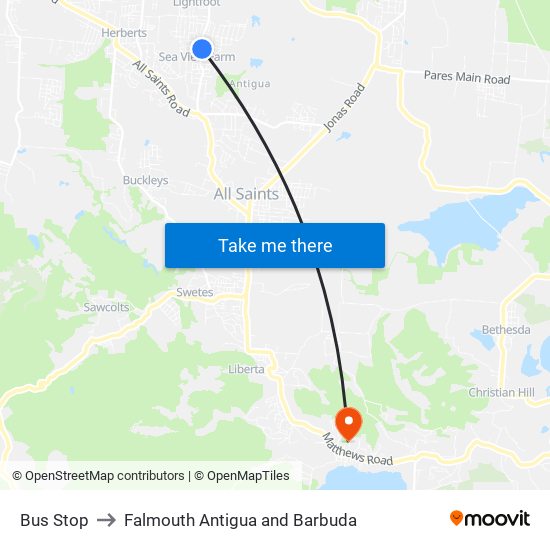 Bus Stop to Falmouth Antigua and Barbuda map