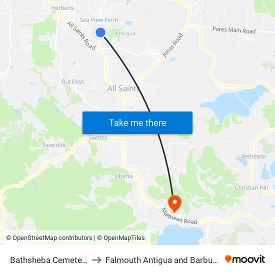 Bathsheba Cemetery to Falmouth Antigua and Barbuda map