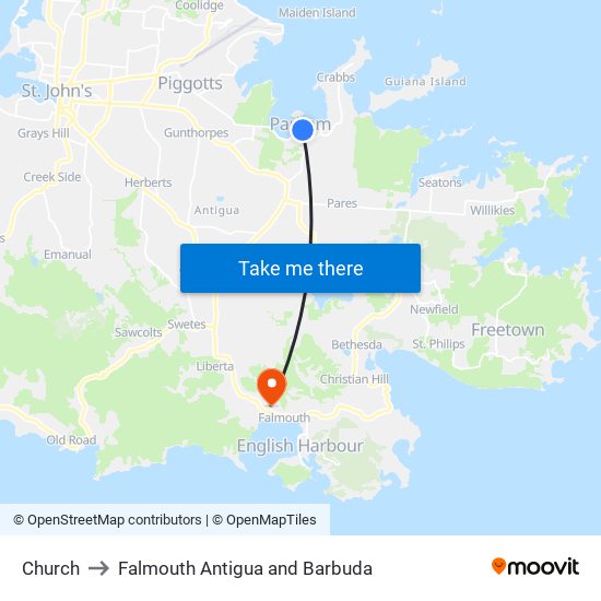 Church to Falmouth Antigua and Barbuda map