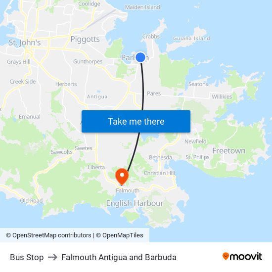 Bus Stop to Falmouth Antigua and Barbuda map