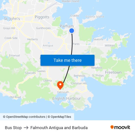 Bus Stop to Falmouth Antigua and Barbuda map