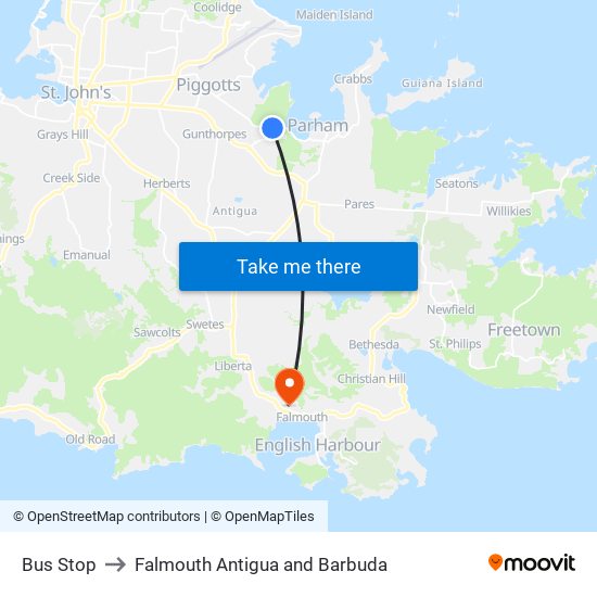 Bus Stop to Falmouth Antigua and Barbuda map