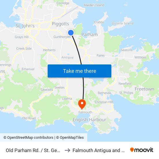 Old Parham Rd. / St. George Rd. to Falmouth Antigua and Barbuda map