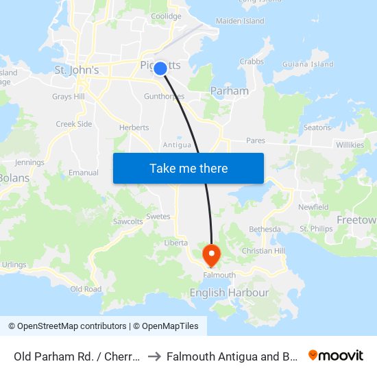 Old Parham Rd. / Cherry Lane to Falmouth Antigua and Barbuda map