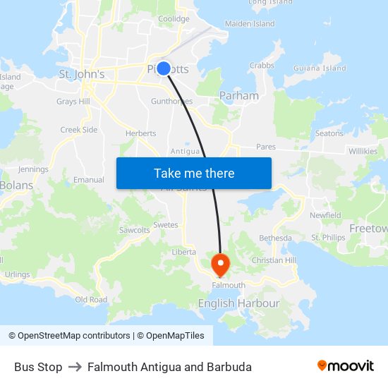 Bus Stop to Falmouth Antigua and Barbuda map