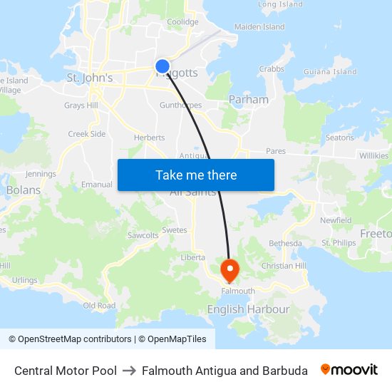 Central Motor Pool to Falmouth Antigua and Barbuda map