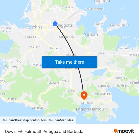 Dews to Falmouth Antigua and Barbuda map