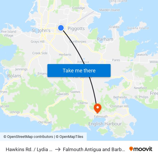 Hawkins Rd. / Lydia Rd to Falmouth Antigua and Barbuda map