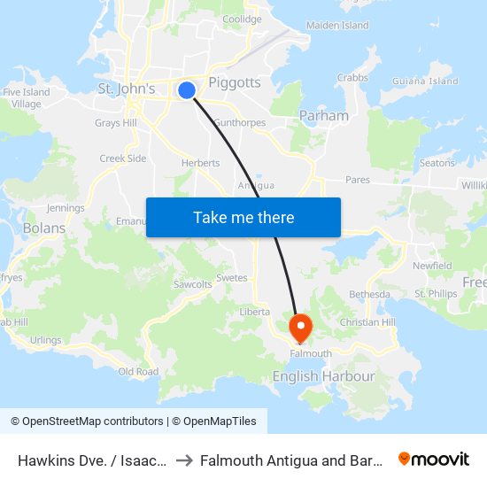 Hawkins Dve. / Isaac Rd. to Falmouth Antigua and Barbuda map