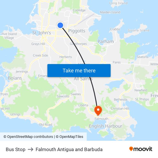 Bus Stop to Falmouth Antigua and Barbuda map