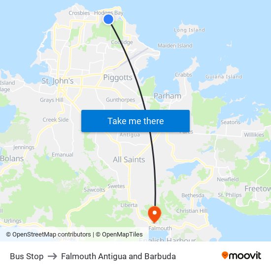 Bus Stop to Falmouth Antigua and Barbuda map