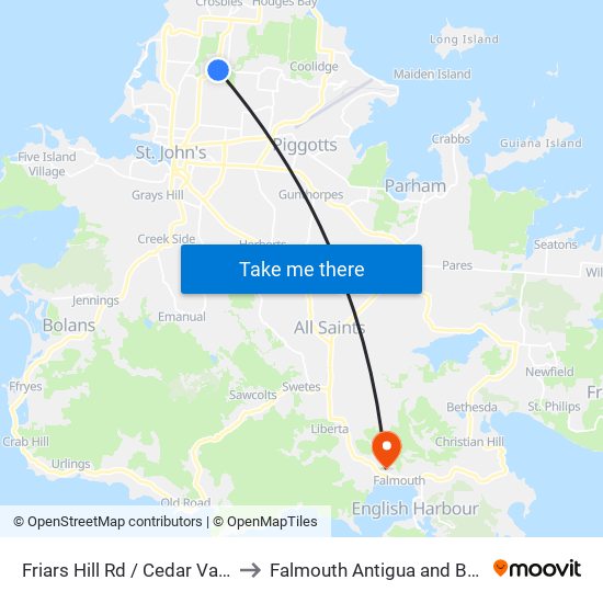 Friars Hill Rd / Cedar Valley Rd to Falmouth Antigua and Barbuda map